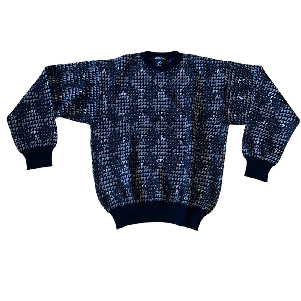 Neiman Marcus Black Diamond Argyle Knit Wool Crewneck Pullover Sweater Size L